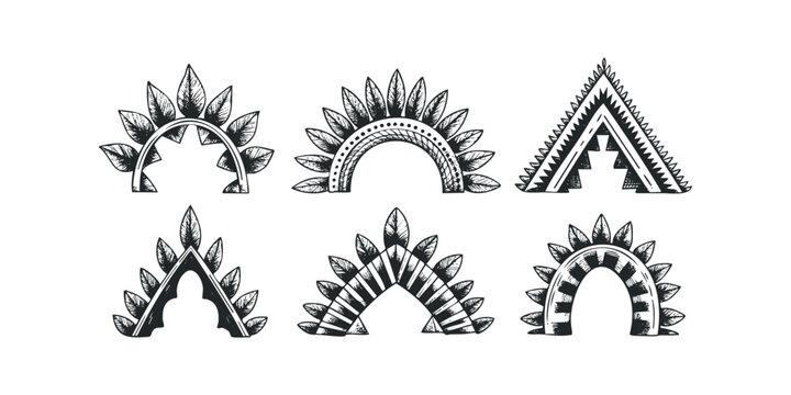 Tribal Sunburst and Feather Motifs Collection Hand Drawn