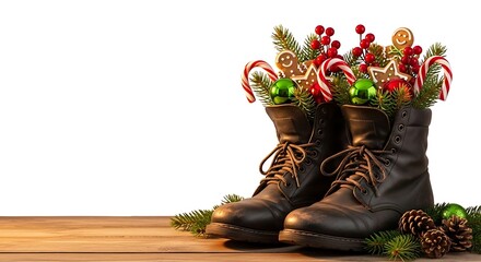 Christmas boots filled with holiday decorations and treats