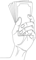 Obraz premium Person's hand holds stack of money tightly displaying financial savings and wealth in line art style