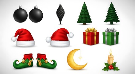 Christmas holiday collection: ornaments, santa hats, gifts, trees