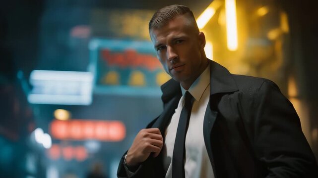 Detective adjusting his coat while scanning a dim alley glowing with neon signs, symbolizing high-stakes pursuit, futuristic crime-solving, and cinematic atmosphere of tension and intrigue.
