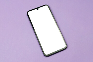 Smartphone with white screen on purple background. Purple concept. White screen concept.