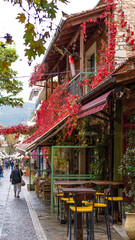 Fototapeta premium Autumnal Street Scene with Vibrant Red Foliage