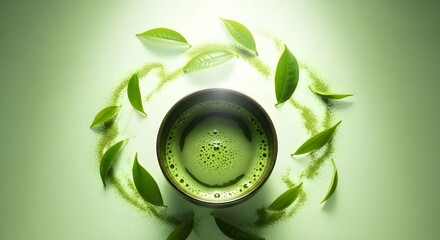 Top View of Freshly Whisked Matcha Tea in Ceramic Bowl with Powder and Green Tea Leaves