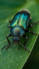 Naklejka premium Close-up macro shot of a metallic green beetle resting on a fresh green leaf.