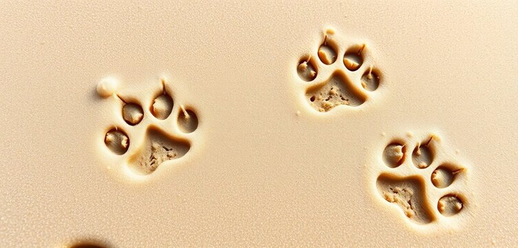 Cute cat paw prints in soft sand, evoking warmth and gentle exploration,  gentle,  beach