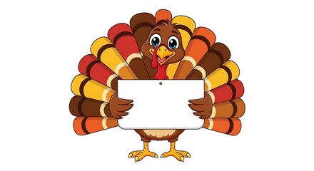 A cartoon turkey with colorful fanned tail feathers holding a blank white sign