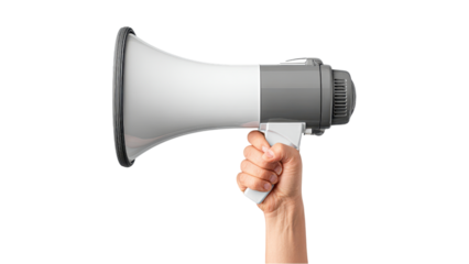 Hand Holding Megaphone - Loudspeaker on White Background