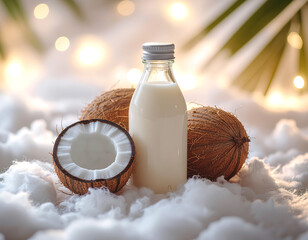 Coconut Milk in Glass Bottle with Whole and Half Coconuts on Fluffy White Cloud Background