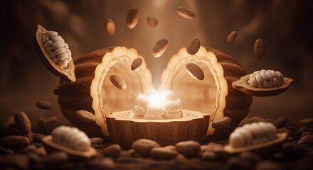 Dramatic Cacao Pod Explosion with Flying Cocoa Beans and Glowing Chocolate Nibs