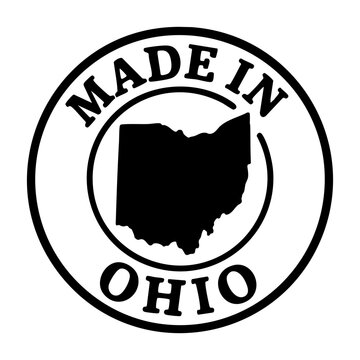 vector round stamp with bold black outline and ohio state silhouette inside circular frame text made in ohio minimal patriotic badge for packaging label print t shirt branding