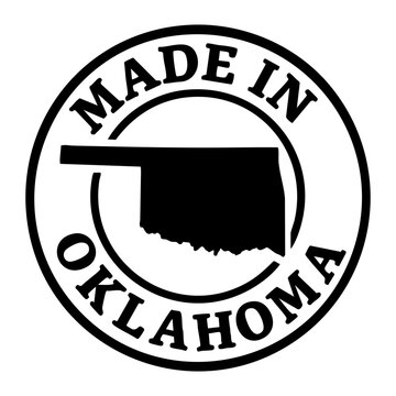 vector round stamp with bold black outline and oklahoma state silhouette inside circular frame text made in oklahoma minimal patriotic badge for packaging label print t shirt branding