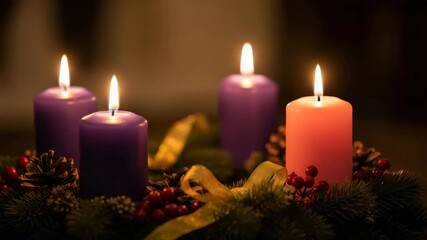 An Advent wreath with four lit candles burning brightly. Three purple and one pink candle flickering for the fourth week of Advent. Christian Christmas holiday tradition - Powered by Adobe