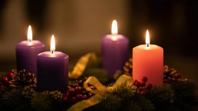 An Advent wreath with four lit candles burning brightly. Three purple and one pink candle flickering for the fourth week of Advent. Christian Christmas holiday tradition