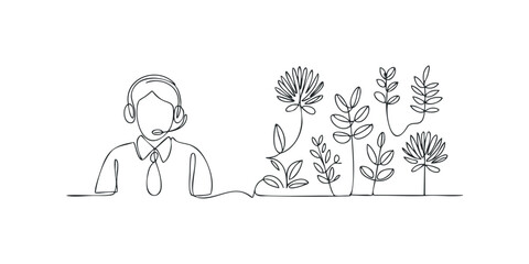 Obraz premium Continuous Line Drawing of Person Wearing Headset and Floral Elements