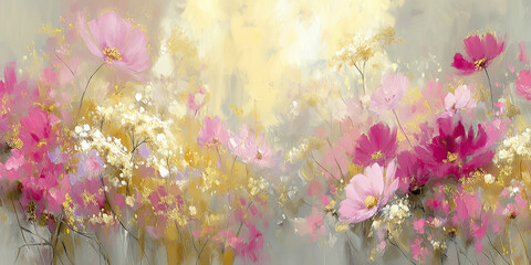Abstract Floral Painting With Pink Flowers And Gold Accents Gentle Light