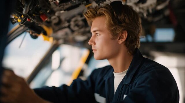 Mechanic performing pre-flight inspection on a helicopter, checking rotor blades, hydraulics, and instruments, symbolizing aviation versatility, technical knowledge, and operational safety.