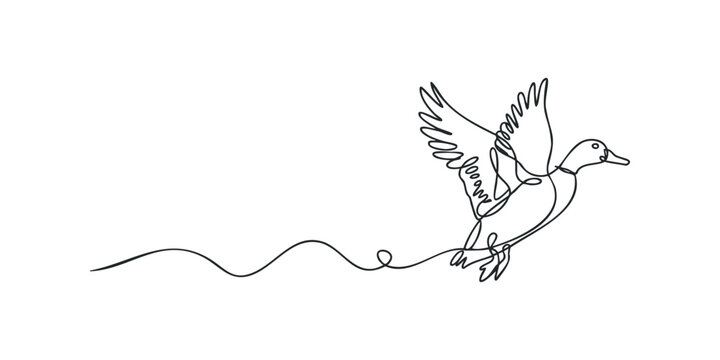 Single line drawing of a duck in flight