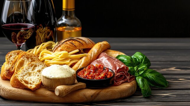 Assorted appetizers on a wooden platter with wine.