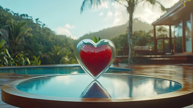 Heart-shaped strawberry displayed on a table by a pool.