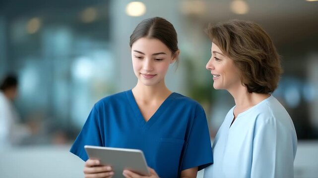 female health worker checking patient&rsquo;s mood logs on tablet muted beeps supportive digital therapy depression monitoring three quarter wide angle cinematic color correction