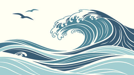 Stylized illustration of a large ocean wave with seagulls © Zia