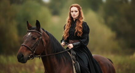 Obraz premium A striking red-haired woman in black medieval attire majestically rides her brown horse in a fantasy epic.