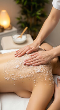 Therapist Applying Natural Salt Body Scrub for Exfoliating Massage and Skincare Treatment at Beauty Spa
