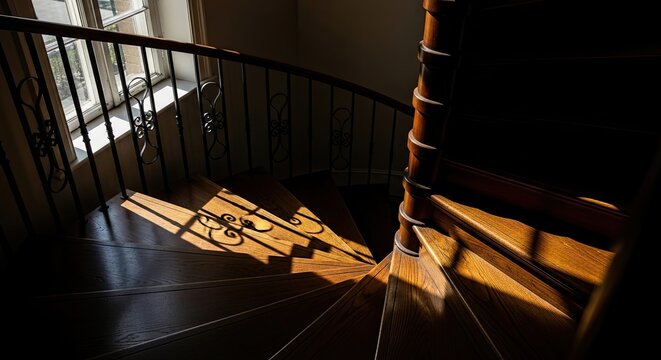 Elegant wooden spiral staircase bathed in sunlight near a window, showcasing a luxurious home interior with unique architectural design and classic vintage appeal