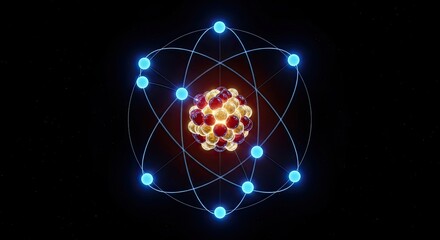 Dynamic atom model symbolizing scientific breakthroughs and technological advancements, use for science education or innovative tech promotions, with elegant design