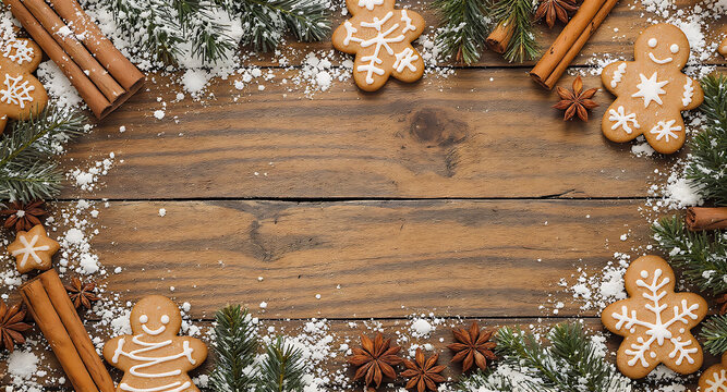 Flat lay shot of gingerbread man laid on wooden background with sugar icing, cinnamon rolls and pine leaves for Christmas event