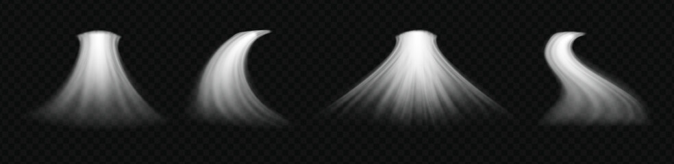 Fototapeta premium Fresh white air flow and wind effect with clean cold light waves and glowing lines on a black background. Vector illustration of air conditioner suction, vacuum motion, and gentle fan breath.