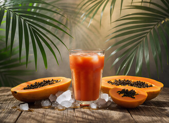 Refreshing Papaya Juice with Ice and Tropical Fruit Papaya on Rustic Wood Table with Palm Leaves Background