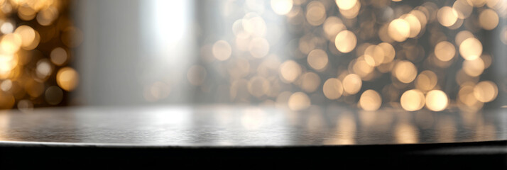 Reflective surface in front of blurred festive background with white and golden bokeh lights