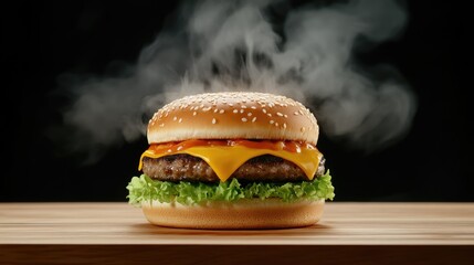 A steaming cheeseburger rests on a wooden surface.