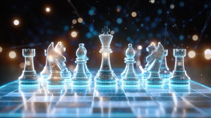 Digital chess pieces on a glowing board.