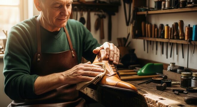 A skilled artisan carefully polishes a leather shoe in a well-equipped workshop, showcasing craftsmanship and attention to detail. - Powered by Adobe