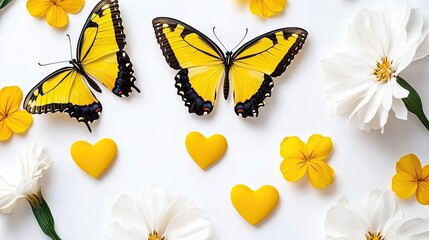 Yellow butterflies flowers hearts