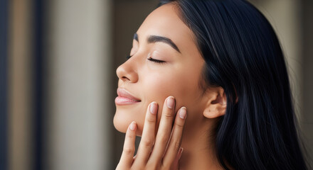 A serene multiethnic young woman with closed eyes touching her clean, healthy, and radiant face.