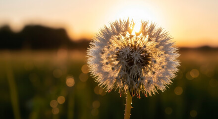 A magnificent dandelion seed head, adorned with sparkling dew drops, bathed in the golden light of a setting sun.