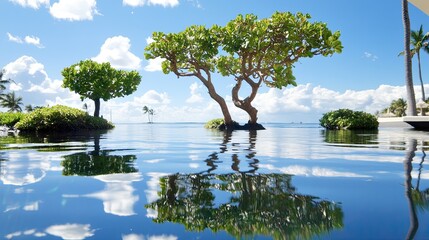 Lush tropical trees reflected in a tranquil infinity pool.
