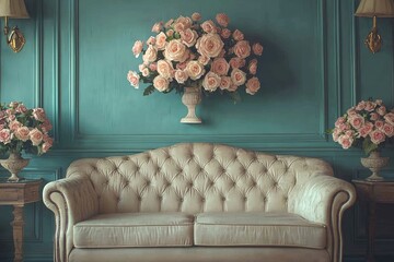 Light cream colored sofa in a teal room with floral decorations.