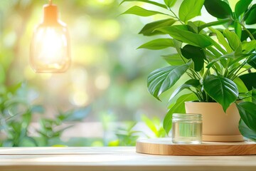 Houseplant in pot on wooden table