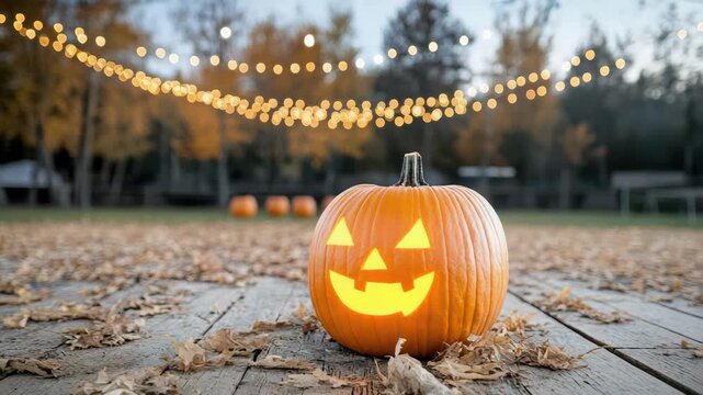 Pumpkin jack o lantern carved pumpkin wooden deck with string lights fallen autumn leaves twilight