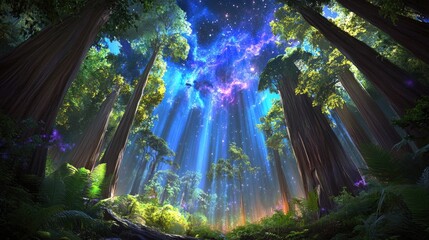 Lush forest canopy bathed in magical light.