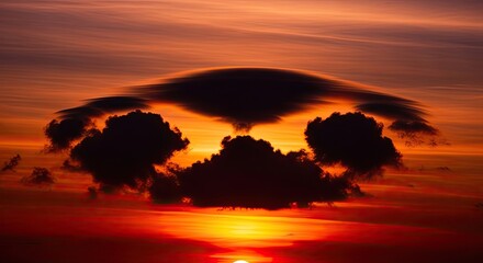 Spectacular sunset with fiery orange sky and dramatic cloud formations creating a stunning natural display, perfect for travel inspiration and serene landscapes