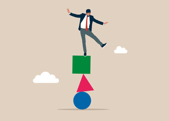Obraz premium Businessman different shapes, circle, square and triangle stones are balancing, the concept of harmony and balance. Vector flat illustration