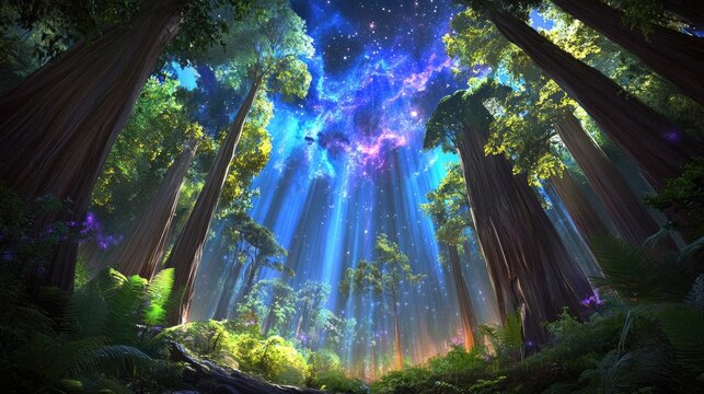 Lush forest canopy bathed in magical light.