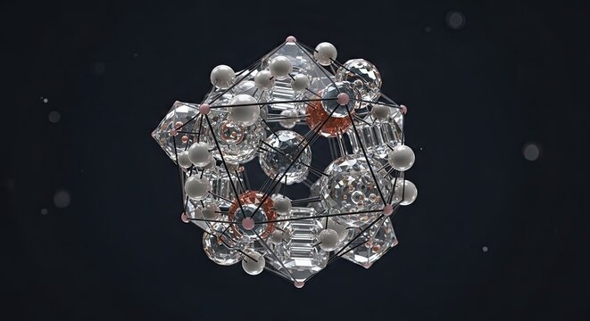 Stunning molecular structure with diamonds and spheres creates a modern scientific and artistic concept for innovative designs and visualizations with dark background - Powered by Adobe