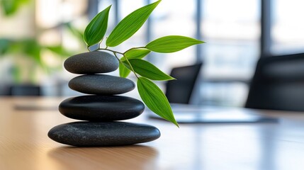 Stacking stones with green leaves